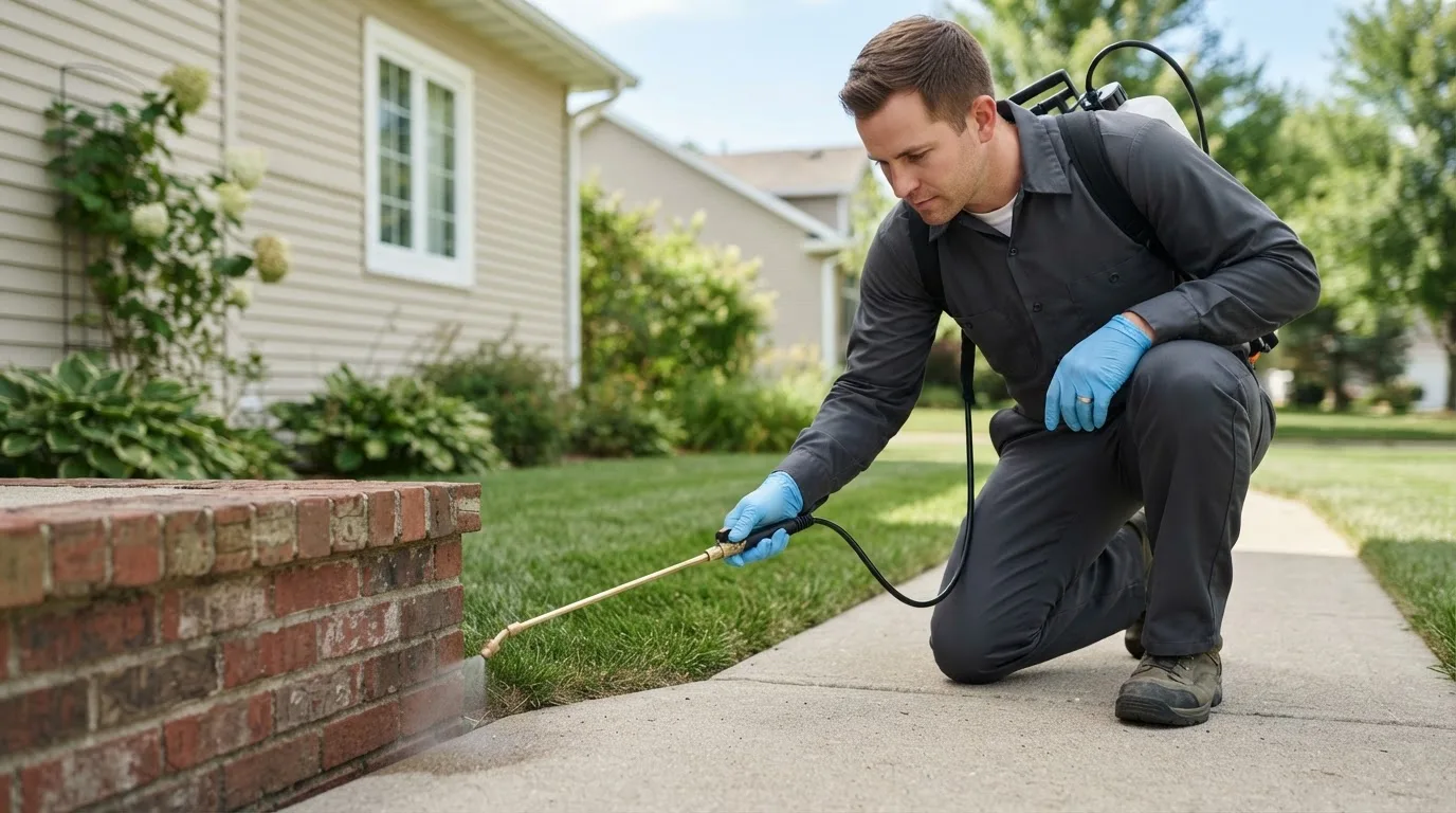 Pest control technician treating a home near Oxly, MO