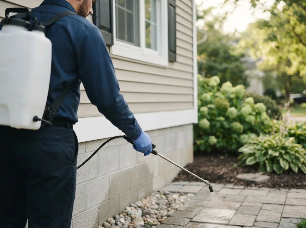 Pest control technician inspecting a home in Oxly, MO